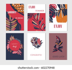 Set of artistic creative summer cards. Hand Drawn textures and brush lettering. Design for poster, card, invitation, placard, brochure, flyer. Vector templates.