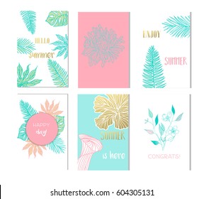 Set of artistic creative summer cards. Hand Drawn textures and brush lettering. Design for poster, card, invitation, placard, brochure, flyer. Vector templates.