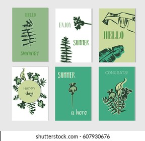 Set of artistic creative summer cards.  Design for poster, card, invitation, placard, brochure, flyer. Vector templates. Green color.