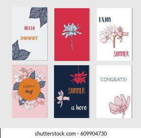 Set of artistic creative summer cards. Hand Drawn textures and brush lettering. Design for poster, card, invitation, placard, brochure, flyer. Vector templates.