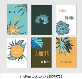 Set of artistic creative summer cards. Hand Drawn textures and brush lettering. Design for poster, card, invitation, placard, brochure, flyer. Vector templates.