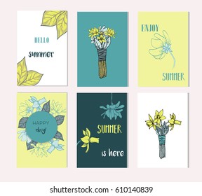 Set of artistic creative summer cards. Hand Drawn textures and brush lettering. Design for poster, card, invitation, placard, brochure, flyer. Vector templates.