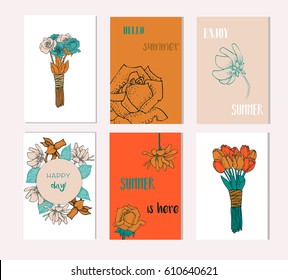 Set of artistic creative summer cards. Hand Drawn textures and brush lettering. Design for poster, card, invitation, placard, brochure, flyer. Ogange color