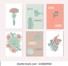 Set of artistic creative summer cards. Hand Drawn textures and brush lettering. Design for poster, card, invitation, placard, brochure, flyer. Pink color