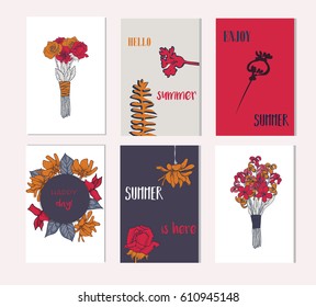 Set of artistic creative summer cards. Hand Drawn textures and brush lettering. Design for poster, card, invitation, placard, brochure, flyer. Red color