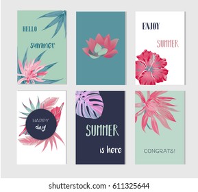 Set of artistic creative summer cards. Hand Drawn textures and brush lettering. Design for poster, card, invitation, placard, brochure, flyer. Vector templates.