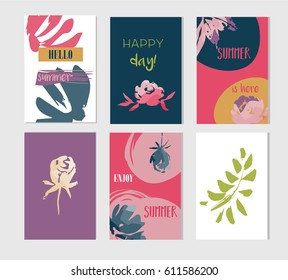 Set of artistic creative summer cards. Hand Drawn textures and brush lettering. Design for poster, card, invitation, placard, brochure, flyer. Pink color