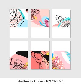 Set of artistic creative universal cards. Hand Drawn textures. Wedding, anniversary, birthday, Valentines day, party. Design for poster, card, invitation, placard brochure flyer Vector Isolated