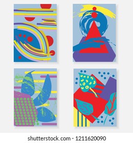 Set of artistic creative universal cards. Hand drawn texture. Design for poster, postcards, invitations, brochures, leaflets. Bright geometric pattern with doodles elements painted with brush. Vector.