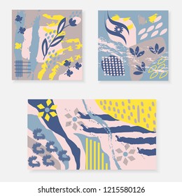 Set of artistic creative universal cards. Hand drawn texture. Design for poster, postcards, invitations, brochures, leaflets. Bright geometric pattern with doodles elements painted with brush. Vector.