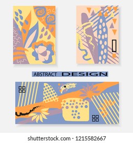 Set of artistic creative universal cards. Hand drawn texture. Design for poster, postcards, invitations, brochures, leaflets. Bright geometric pattern with doodles elements painted with brush. Vector.