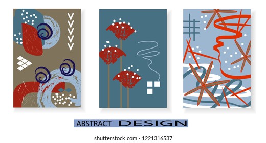 Set of artistic creative universal cards. Hand drawn texture. Design for poster, postcards, invitations, brochures, leaflets. Bright geometric pattern with doodles elements painted with brush. Vector.