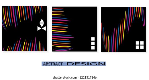 Set of artistic creative universal cards. Hand drawn texture. Design for poster, postcards, invitations, brochures, leaflets. Vector. Colorful stripes on black background.
