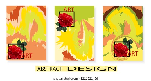 Set of artistic creative universal cards. Hand drawn texture. Design for poster, postcards, invitations, brochures, leaflets. Bright geometric pattern with doodles elements and roses. Vector.