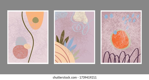 Set of artistic creative universal cards. Hand drawn texture. Design for poster, postcards, invitations, brochures, leaflets. Bright geometric pattern with doodles elements . Vector.