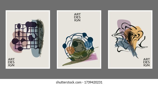 Set of artistic creative universal cards. Hand drawn texture. Design for poster, postcards, invitations, brochures, leaflets. Bright geometric pattern with doodles elements . Vector.