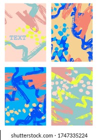 Set of artistic creative universal cards. Hand Drawn textures. Wedding, anniversary, birthday, Valentine's day, party. Design for poster, card, invitation, placard, brochure, flyer. Vector. Isolated.