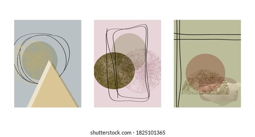 Set of artistic creative universal cards. Hand drawn texture. Design for poster, postcards, invitations, brochures, leaflets. Pastel geometric pattern with doodles and watercolor elements . Vector.