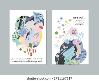 Set of artistic creative universal cards. Hand Drawn textures. Wedding, anniversary, birthday, Valentine's day, party. Design for poster, card, invitation, placard, brochure, flyer.  Vector. Isolated.