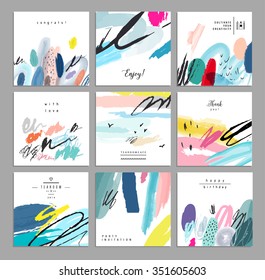 Set of artistic creative universal cards. Hand Drawn textures. Wedding, anniversary, birthday, Valentine's day, party. Design for poster, card, invitation, placard, brochure, flyer.  Vector. Isolated.