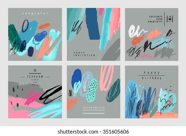 Conjunto de cartas universales creativas artísticas. Texturas dibujadas a mano. Boda, aniversario, cumpleaños, día de San Valentín, fiesta. Diseño de póster, tarjeta, invitación, pancarta, folleto, volante. Vector. Aislado.