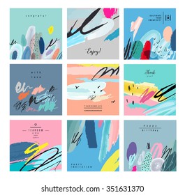 Set of artistic creative universal cards. Hand Drawn textures. Wedding, anniversary, birthday, Valentin's day, party. Design for poster, card, invitation, placard, brochure, flyer.  Vector. Isolated.