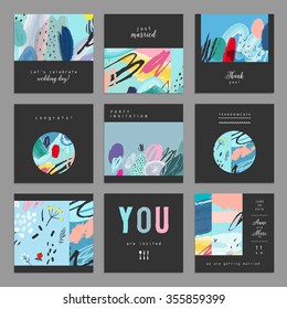 Set of artistic creative universal cards. Hand Drawn textures. Wedding, anniversary, birthday, Valentine's day, party. Design for poster, card, invitation, placard, brochure, flyer.  Vector. Isolated.