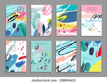 Set of artistic creative universal cards. Hand Drawn textures. Wedding, anniversary, birthday, Valentine's day, party. Design for poster, card, invitation, placard, brochure, flyer.  Vector. Isolated.