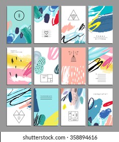 Set of artistic creative universal cards. Hand Drawn textures. Wedding, anniversary, birthday, Valentine's day, party. Design for poster, card, invitation, placard, brochure, flyer.  Vector. Isolated.