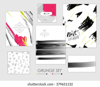 Set of artistic creative universal cards. Hand Drawn textures. Wedding, anniversary, birthday, party, corporate identity. Design for poster, invitation, placard, brochure, flyer. Vector. Isolated.