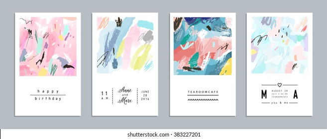 Set of artistic creative universal cards. Hand Drawn textures. Wedding, anniversary, birthday, Valentine's day, party. Design for poster, card, invitation, placard, brochure, flyer.  Vector. Isolated.