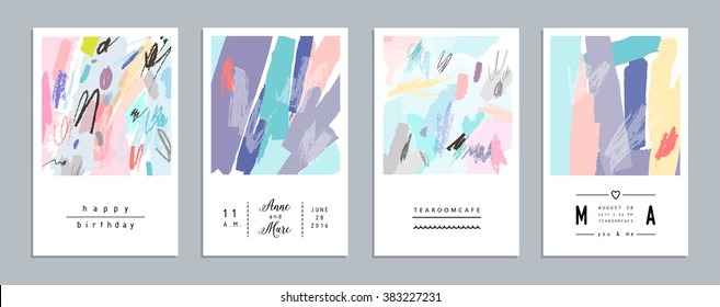 Set of artistic creative universal cards. Hand Drawn textures. Wedding, anniversary, birthday, Valentine's day, party. Design for poster, card, invitation, placard, brochure, flyer.  Vector. Isolated.