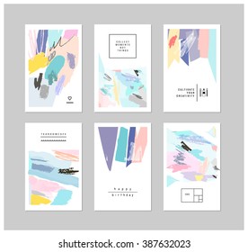 Set of artistic creative universal cards. Hand Drawn textures. Wedding, anniversary, birthday, Valentine's day, party. Design for poster, card, invitation, placard, brochure, flyer.  Vector. Isolated.