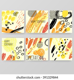 Set of artistic creative universal cards. Hand Drawn textures. Wedding, anniversary, birthday, Valentine's day, party. Design for poster, card, invitation, placard, brochure, flyer. Vector. Isolated.