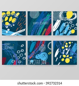 Set of artistic creative universal cards. Hand Drawn textures. Wedding, anniversary, birthday, Valentine's day, party. Design for poster, card, invitation, placard, brochure, flyer. Vector. Isolated.