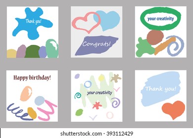 Set of artistic creative universal cards. Hand Drawn textures. Wedding, anniversary, birthday, Valentine's day, party. Design for poster, card, invitation, placard, brochure, flyer. Vector. Isolated.