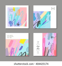 Set of artistic creative universal cards. Hand Drawn textures. Wedding, anniversary, birthday, Valentine's day, party. Design for poster, card, invitation, placard, brochure, flyer.  Vector. Isolated.