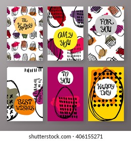 Set of artistic creative universal cards. Easter egg. Happy easter. Hand Drawn textures. Wedding, anniversary, birthday, party. Design for poster, card, invitation, placard, brochure, flyer. Vector.