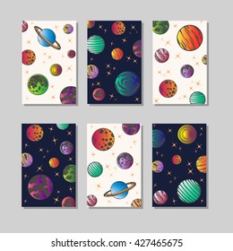 Set of artistic creative universal cards with planet and stars.Wedding, anniversary, birthday, Valentine's day, party.Sun, earth, mars, venus, mercury, neptune, uranus. Vector illustration.