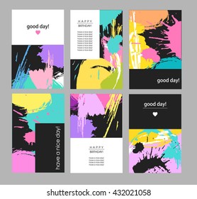 Set of artistic creative universal cards. Hand Drawn textures. Anniversary, birthday, Valentine's day, party. Design for poster, card, invitation, placard, brochure, flyer. Vector. Isolated.