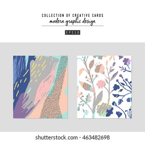 Set of artistic creative universal cards. Hand Drawn textures. Wedding, anniversary, birthday, Valentine's day, party. Design for poster, card, invitation, placard, brochure, flyer.  Vector. Isolated.
