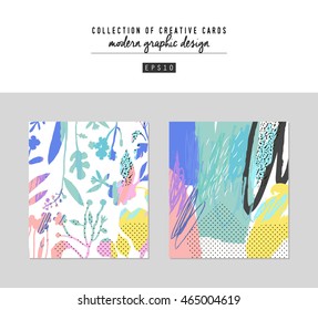 Set of artistic creative universal cards. Hand Drawn textures. Wedding, anniversary, birthday, Valentine's day, party. Design for poster, card, invitation, placard, brochure, flyer.  Vector. Isolated.