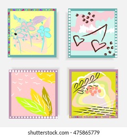 Set of artistic creative universal cards with hand drawn textures. Design for greeting cards, invitations, brochures, posters, leaflets. Wedding, anniversary, birthday.Isolated. Vector illustration.