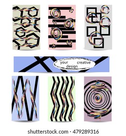 Set of artistic creative universal cards. Hand drawn texture. Design for poster, postcards, invitations, brochures, leaflets. Bright geometric pattern with doodles elements painted with brush. Vector.