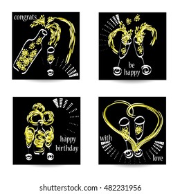 Set of artistic creative universal cards with hand-drawn textures. Design for greeting cards, invitations, brochures, posters, leaflets. Wedding, anniversary, birthday.Isolated. Vector illustration.