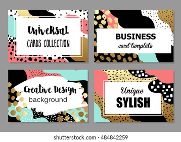 Set of artistic creative universal cards with hand drawn textures. Colorful design for wedding, birthday, Valentine's day, party, invitation, placard, poster, flyer, business. Bright colors design.
