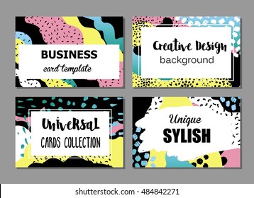 Conjunto de cartas universales creativas artísticas con texturas dibujadas a mano. Diseño colorido para bodas, cumpleaños, día de San Valentín, fiesta, invitación, pancarta, afiche, volante, negocio. Diseño de colores vivos.