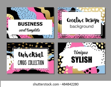 Set of artistic creative universal cards with hand drawn textures. Colorful design for wedding, birthday, Valentine's day, party, invitation, placard, poster, flyer, business. Bright colors design.