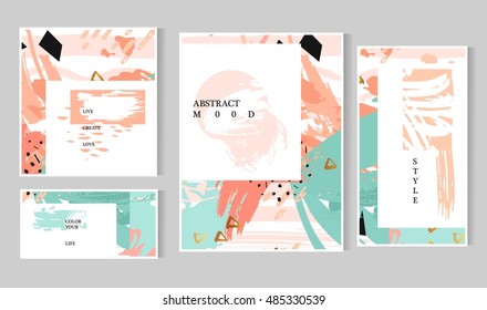 Set of artistic creative universal cards. Hand Drawn textures. Wedding, anniversary, birthday, Valentine's day, party. Design for poster, card, invitation, placard, brochure, flayer. Vector. Isolated.