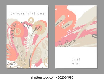 Set of artistic creative universal cards. Hand Drawn textures. Wedding, anniversary, birthday, Valentine's day, party. Design for poster, card, invitation, placard brochure flyer Vector Isolated